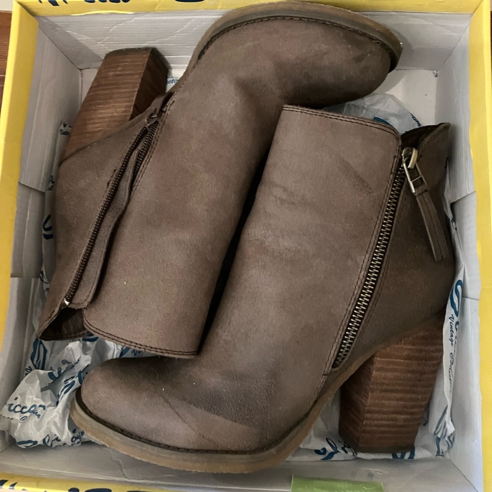 Taupe with stacked leather heel ankle booties